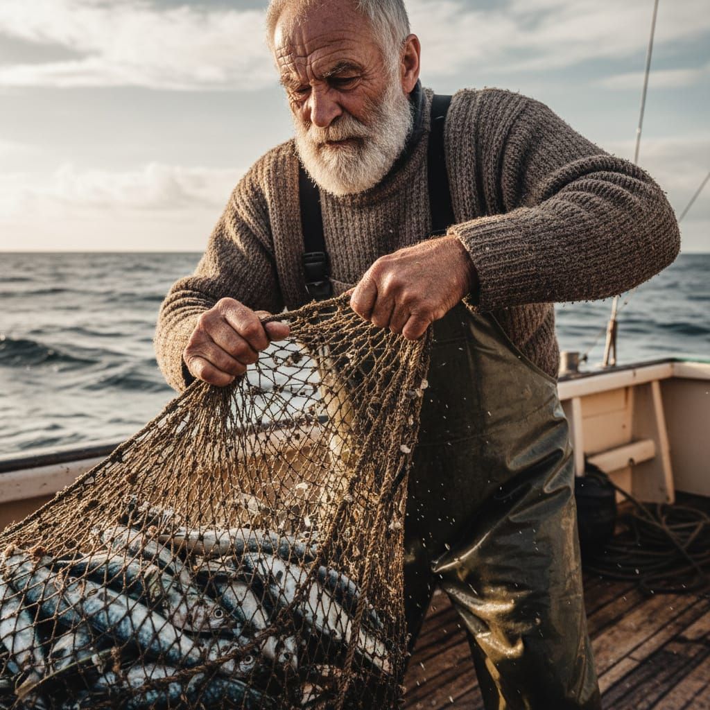 Weathered Fisherman Hauls In Net With Latest Catch