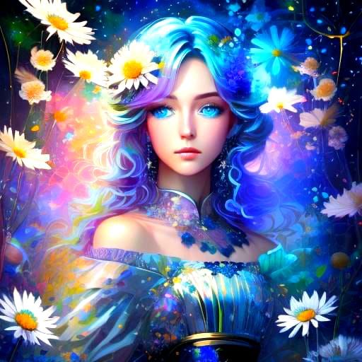 Floating Girl with Chrysanthemums in Cosmic Style