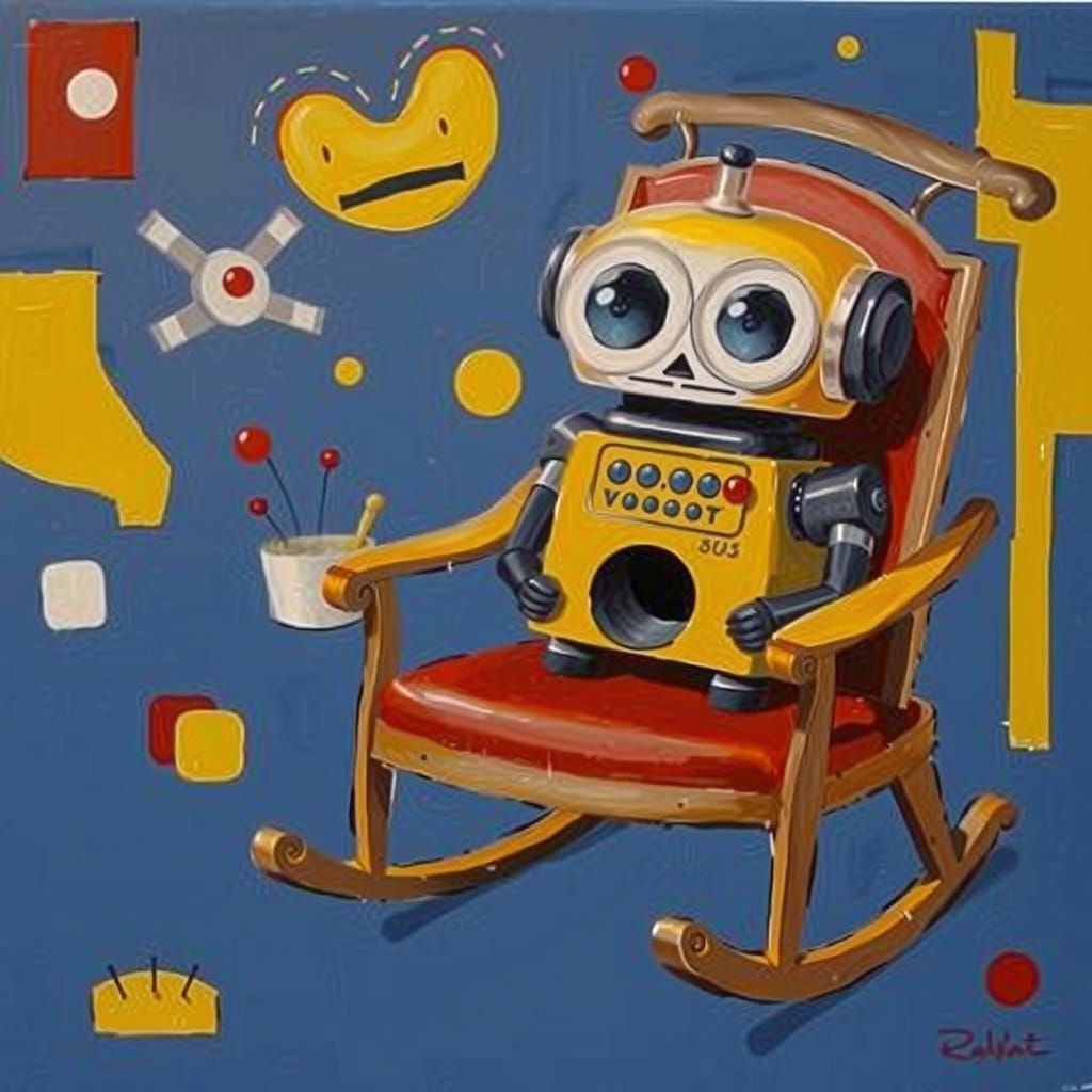 Robot in Rocking Chair, Joan Miro Surrealist Style
