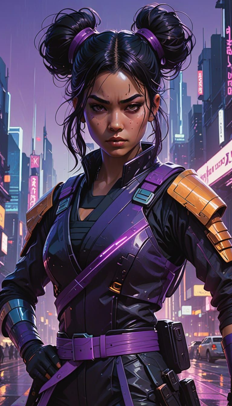 ninja warrior, double hair bun, loose strands, katana, purple belt