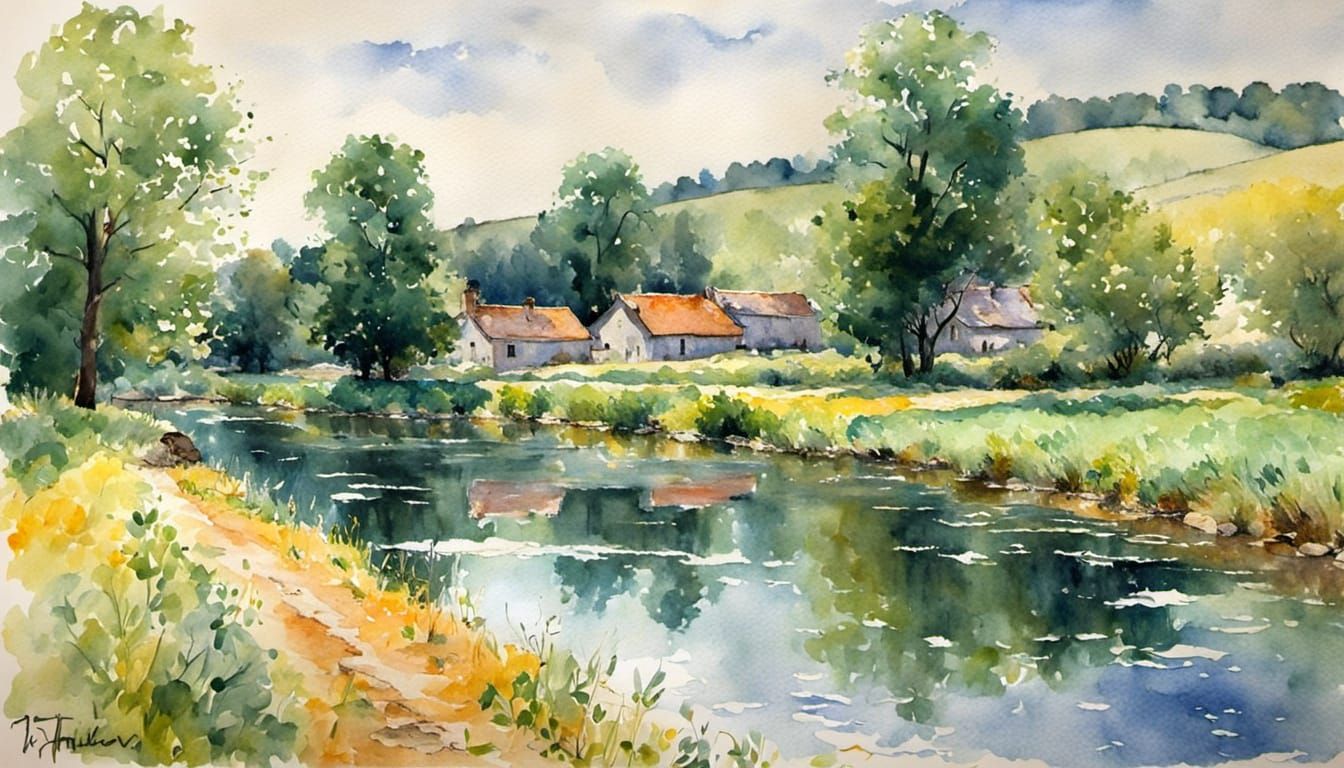 Summer Landscape in Impressionistic Watercolor Style