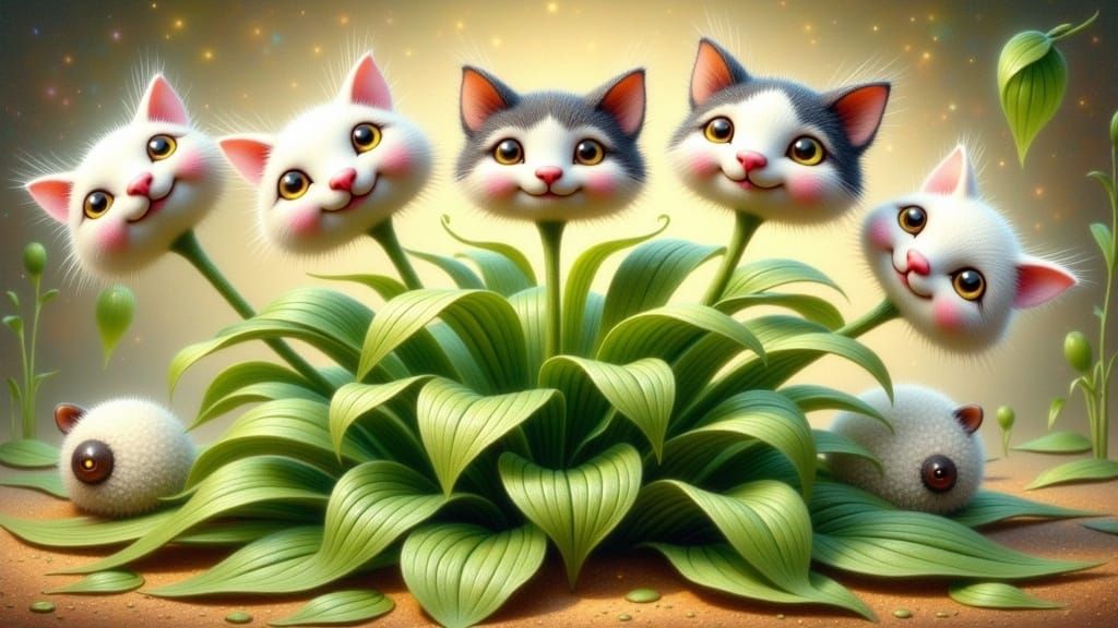 Cat Head Houseplant in Surreal Folk Art Style