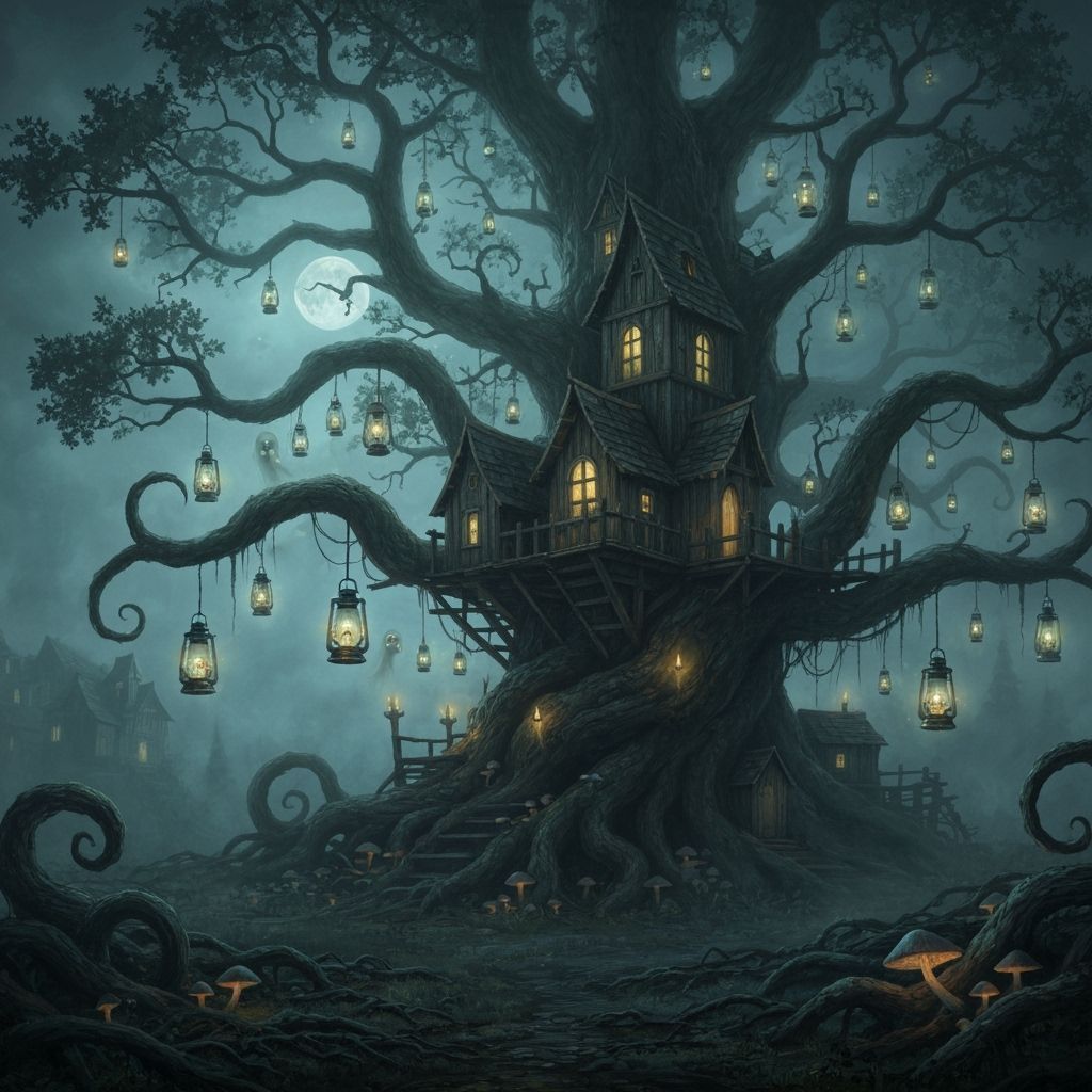 Haunted Treehouse in Foggy Night Sky