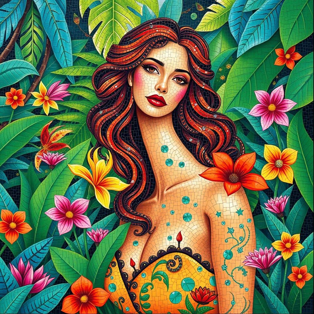 Vibrant Mosaic Woman in Tropical Jungle