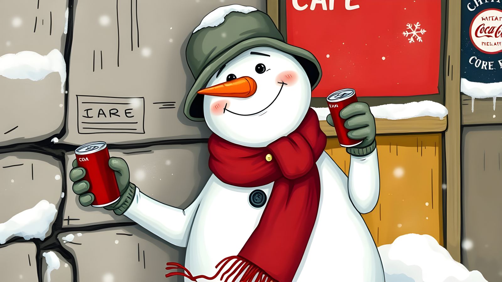 Jovial Snowman Leans Against Cafe, Holding Coca-Cola, With W...