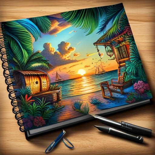 Caribbean Scene in Open Book Charcoal Drawing