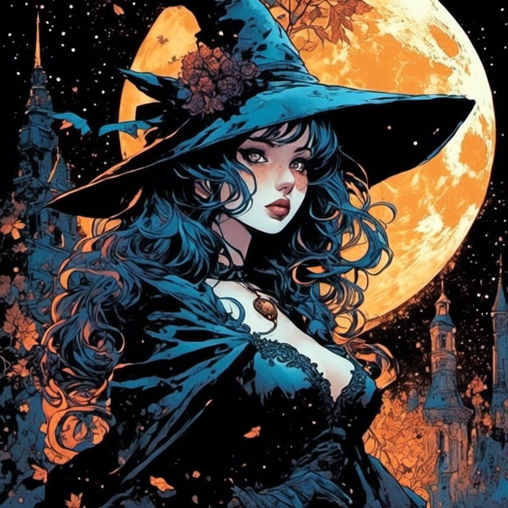 Midnight Moon Witch with Glowing Eyes