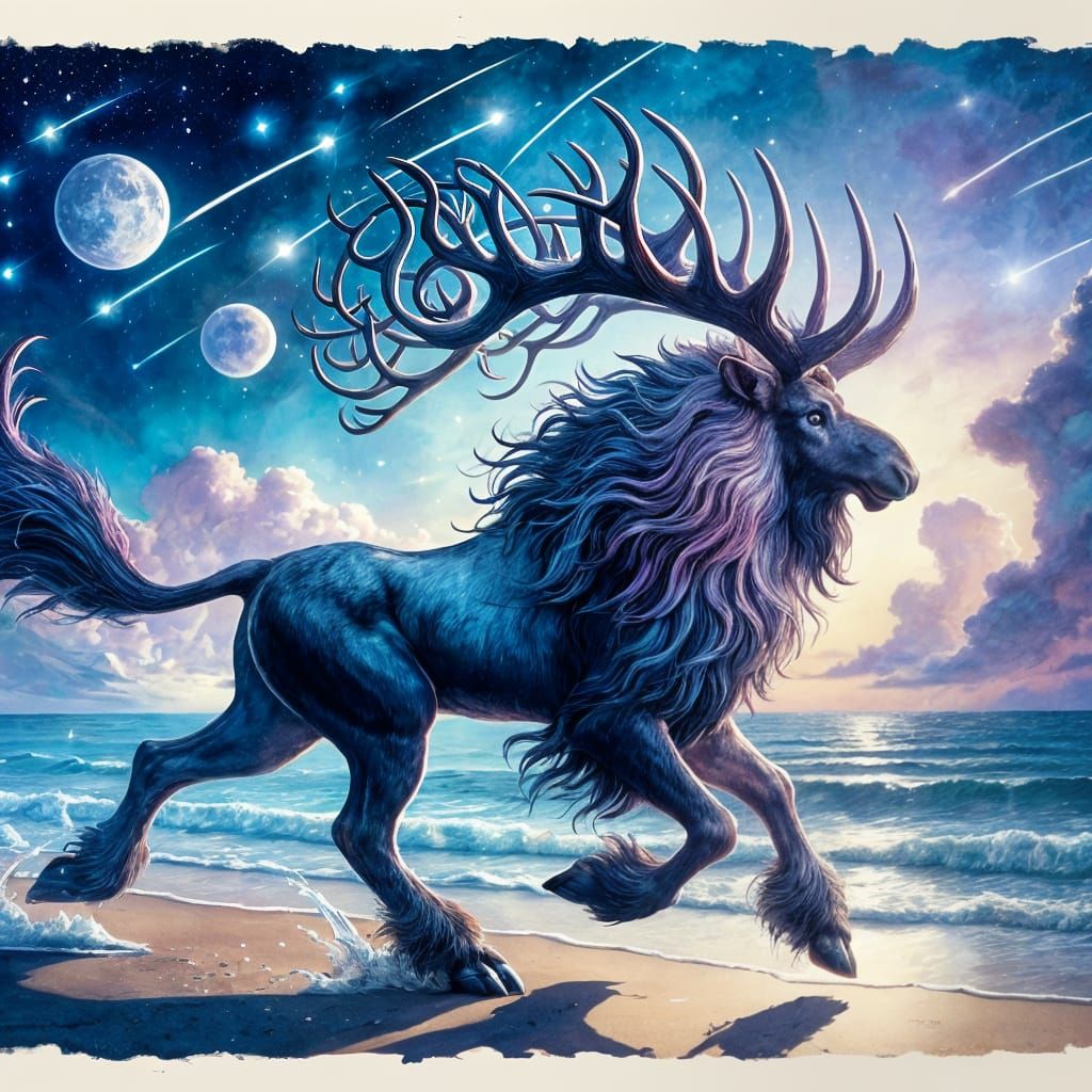 Surreal Hybrid Creature Galloping on Twilight Beach