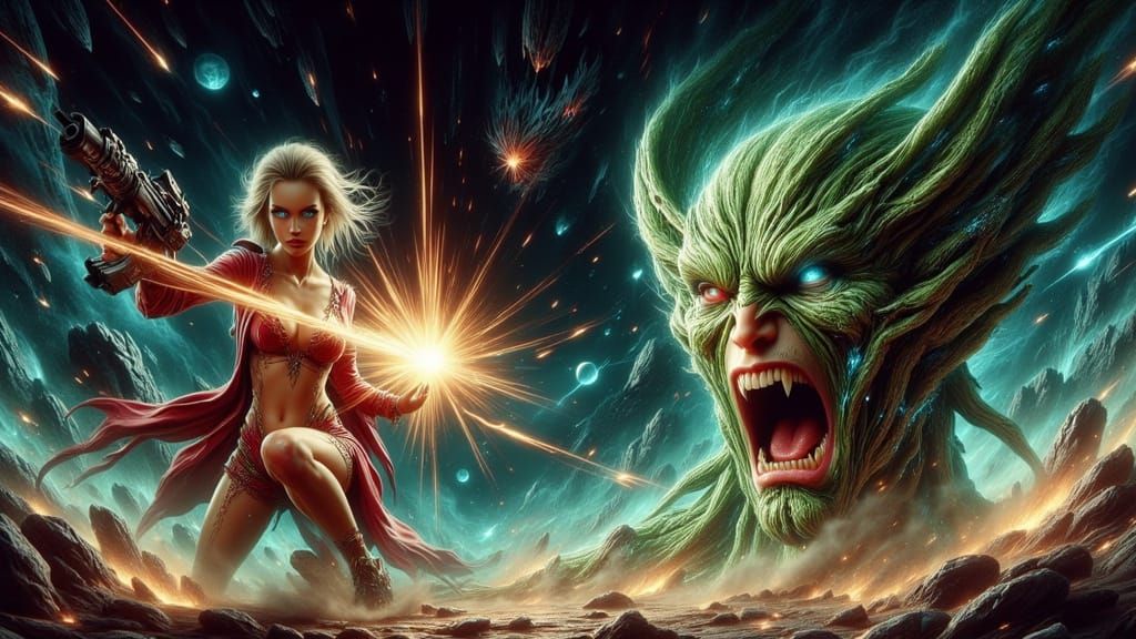 Space Girl Blasts Alien in 1950s Pulp Comic Style