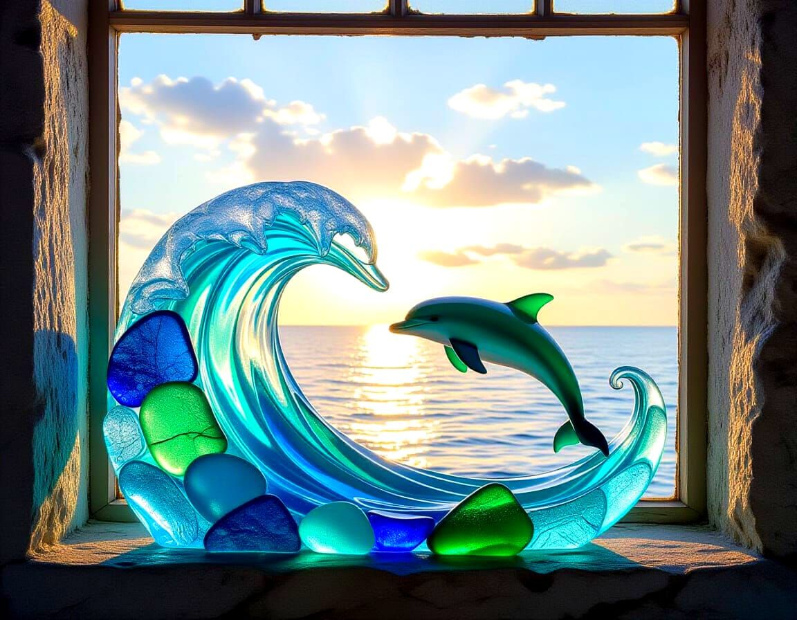 Sea Glass Dolphin Sculpture in Coastal Window