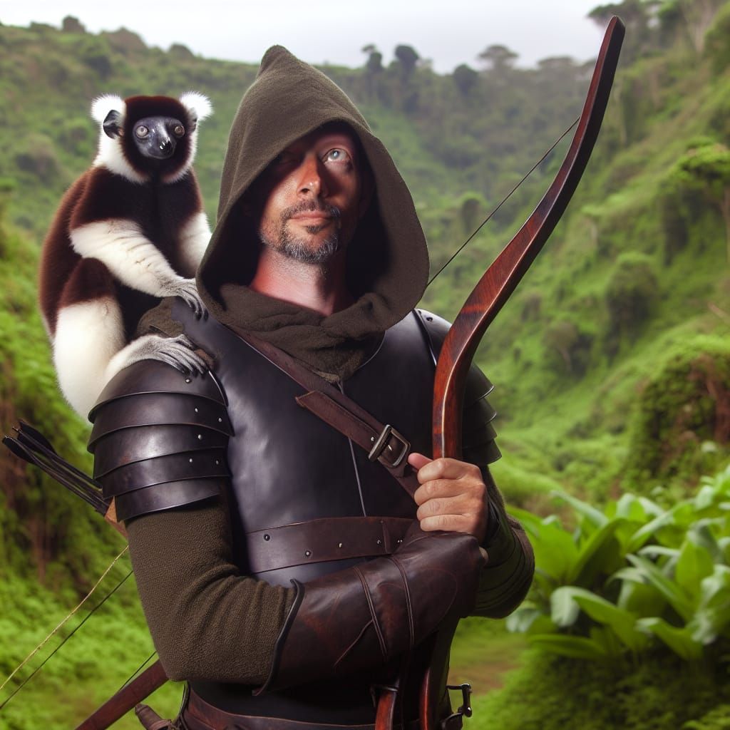 Medieval Archer with Lemur Companion in Verdant Landscape