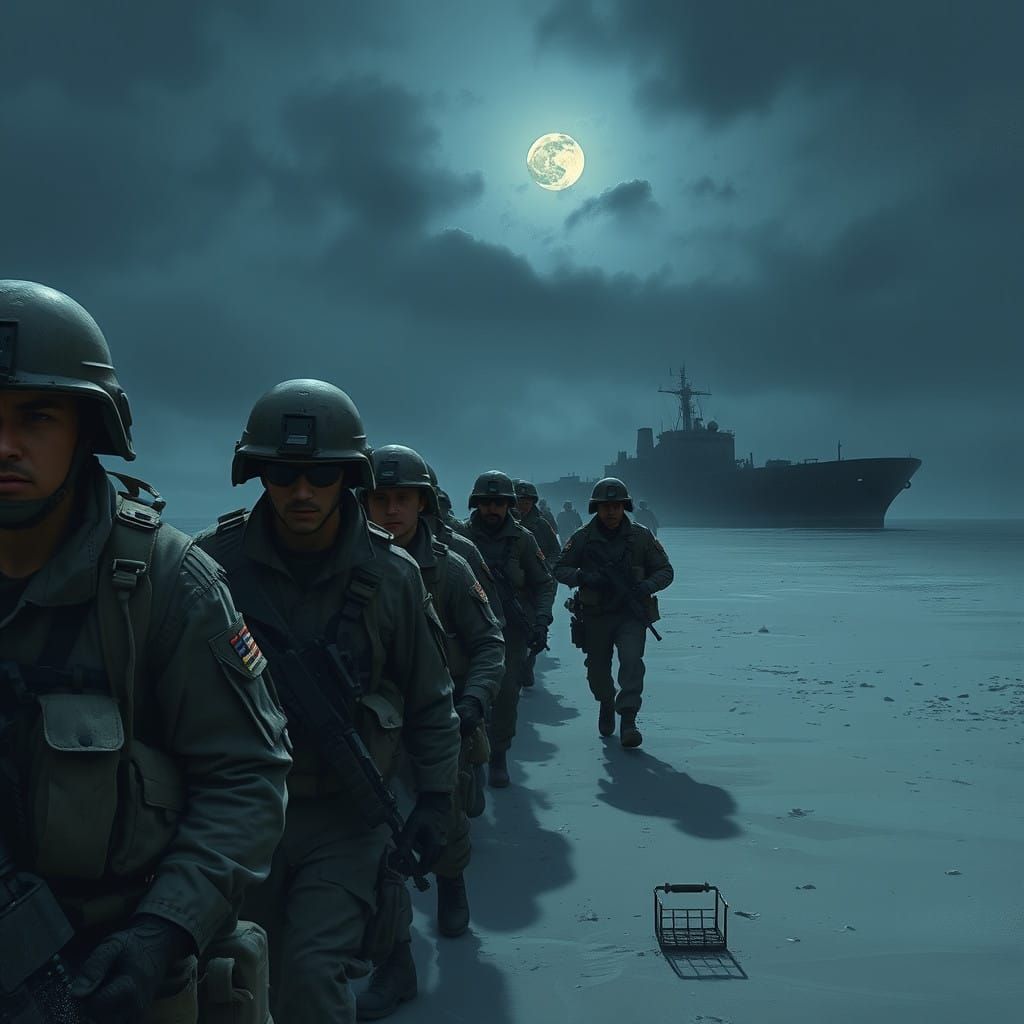 Soldiers March Ashore Under Moonless Night