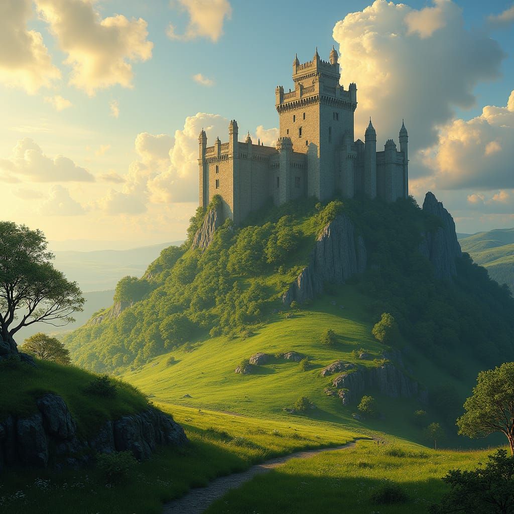 Irish Castle on Hill in Golden Sunlight