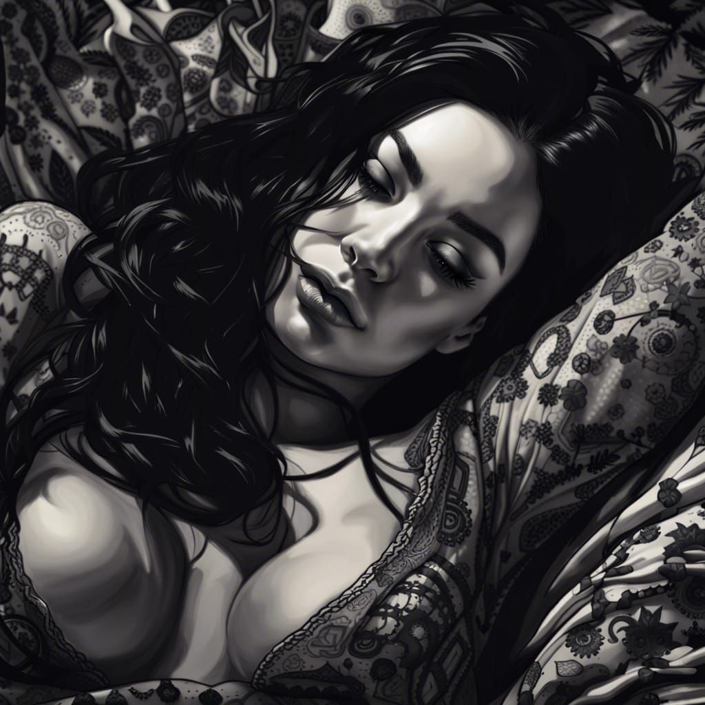 Sensual Woman in Lace: Detailed Black and White Art