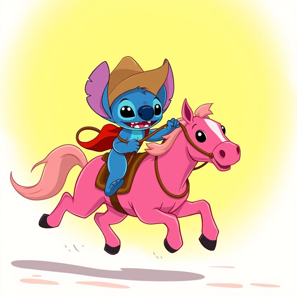 Stitch Rides A Pink Horse In Cartoon Style