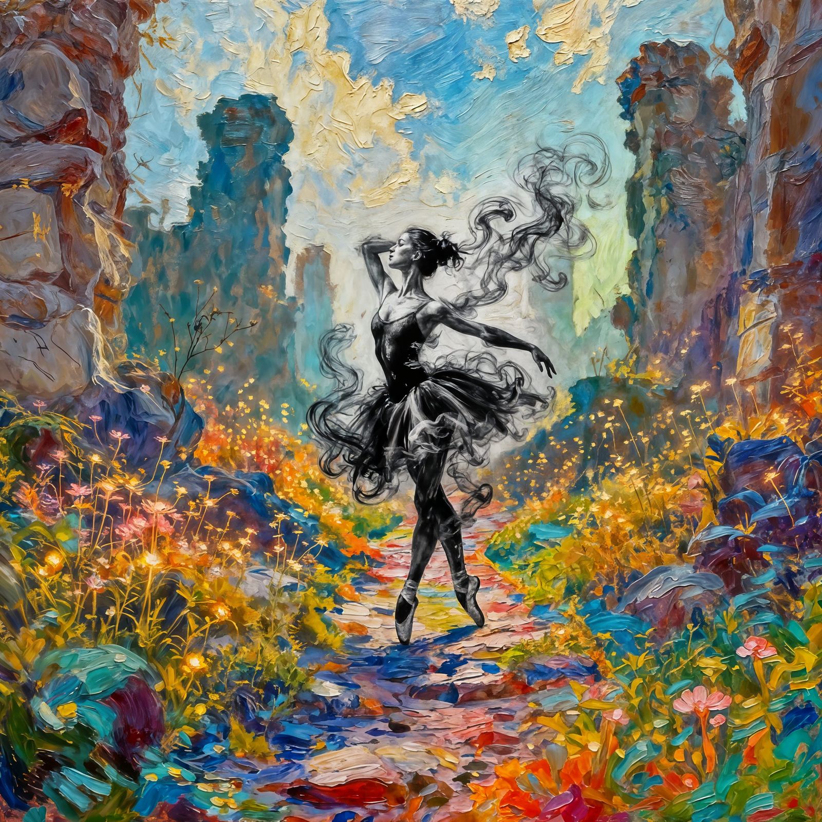 Smoke Ballerina Dances on Vibrant Trail in Impasto Style