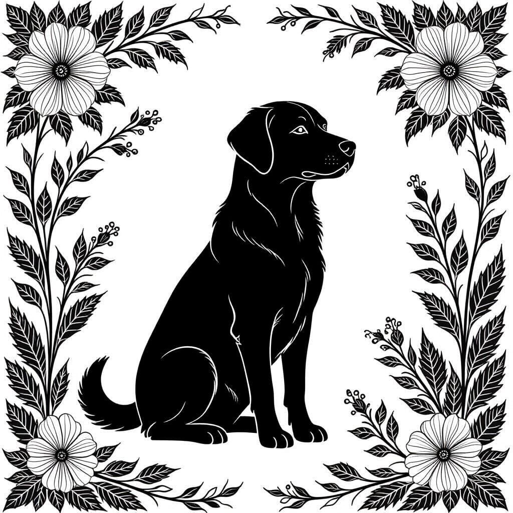 Minimalist Dog Contour Line Drawing in Black Ink