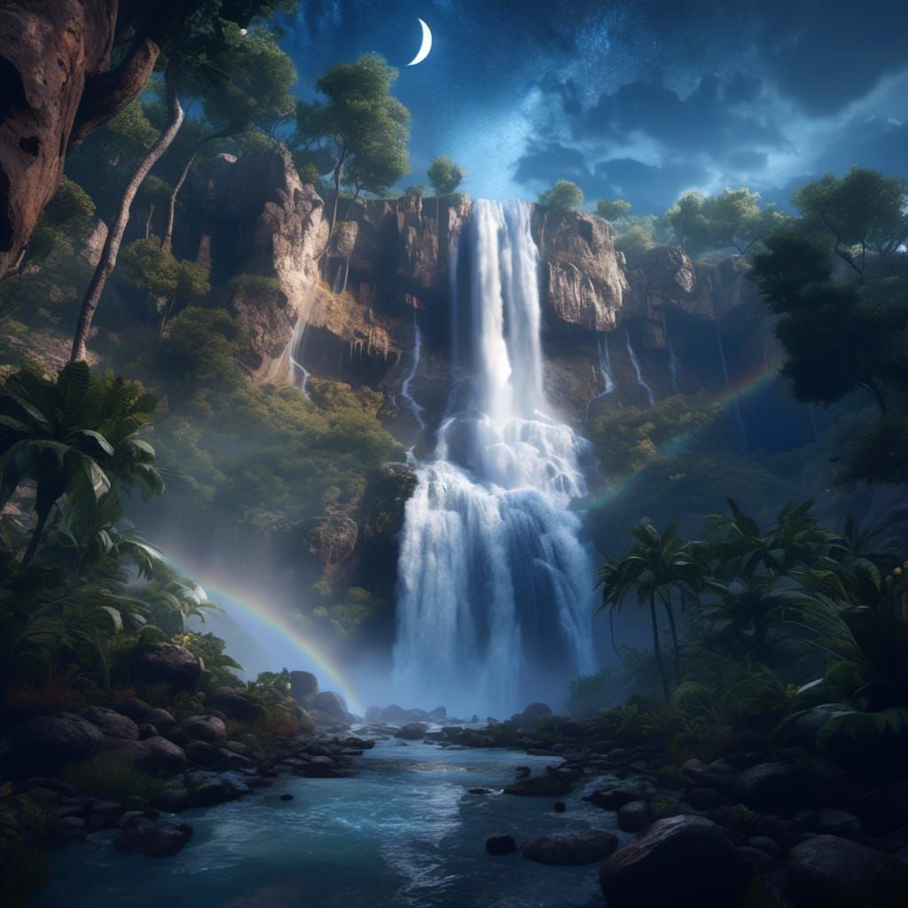 Magical Moonlit Waterfall with Moonbow in Hyperreal Style