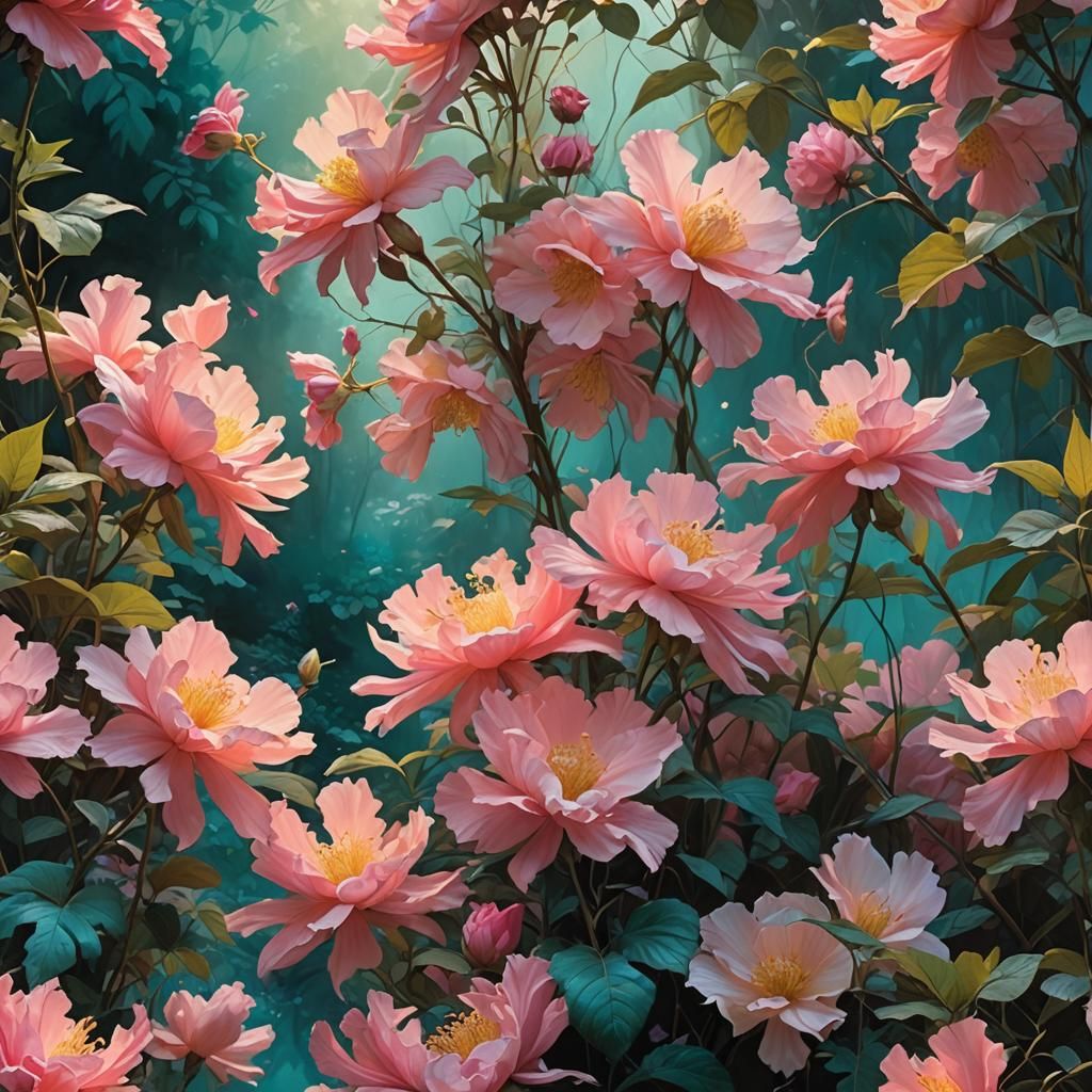 Ethereal Pink Florals in Lush Landscape