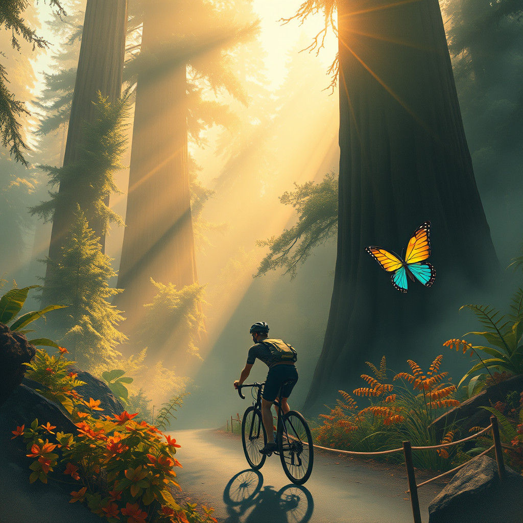 Cyclist in a Whimsical Redwood Sanctuary