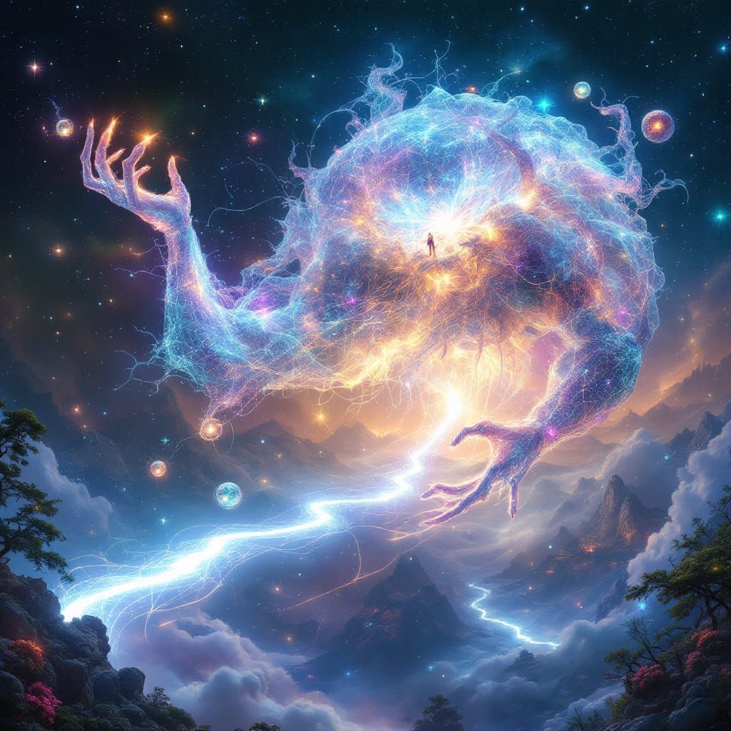 Celestial Weaver in Cosmic Void, Cyberpunk Neon Aesthetic