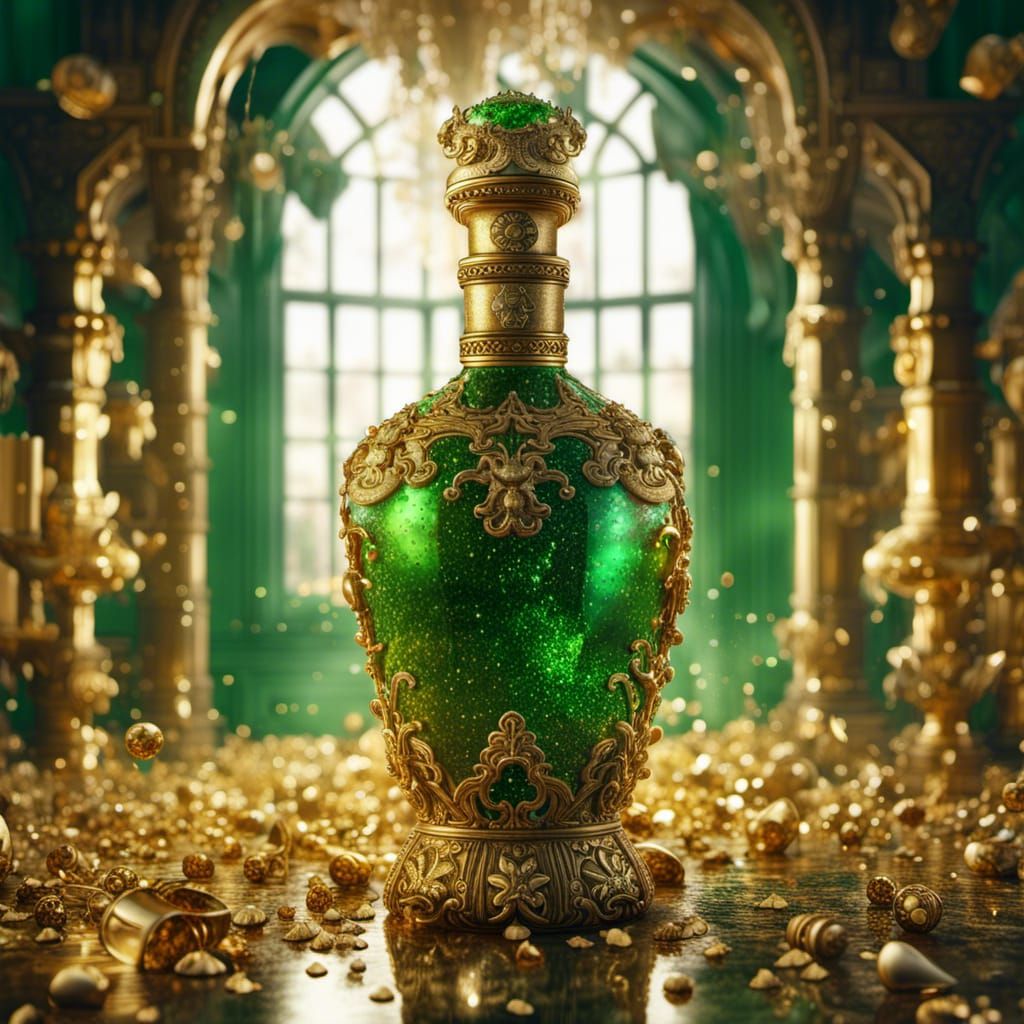 Gold Bottle Filled with Liquid in Opulent Room