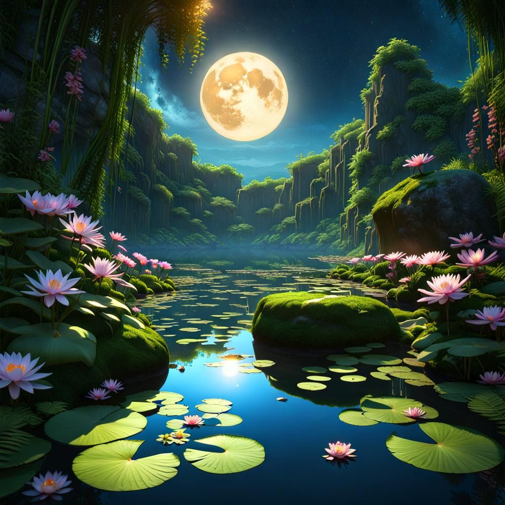Magical Moonlit Lake with Jungle and Water Lilies