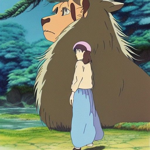 Ghibli-Style Girl and Lion in Animated Scene