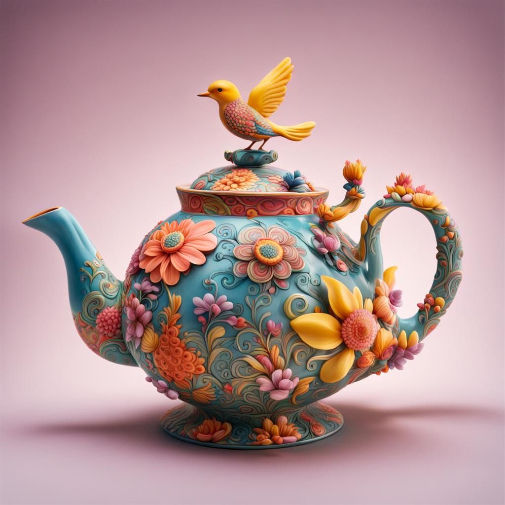 Whimsical Teapot: Flower and Bird Fusion