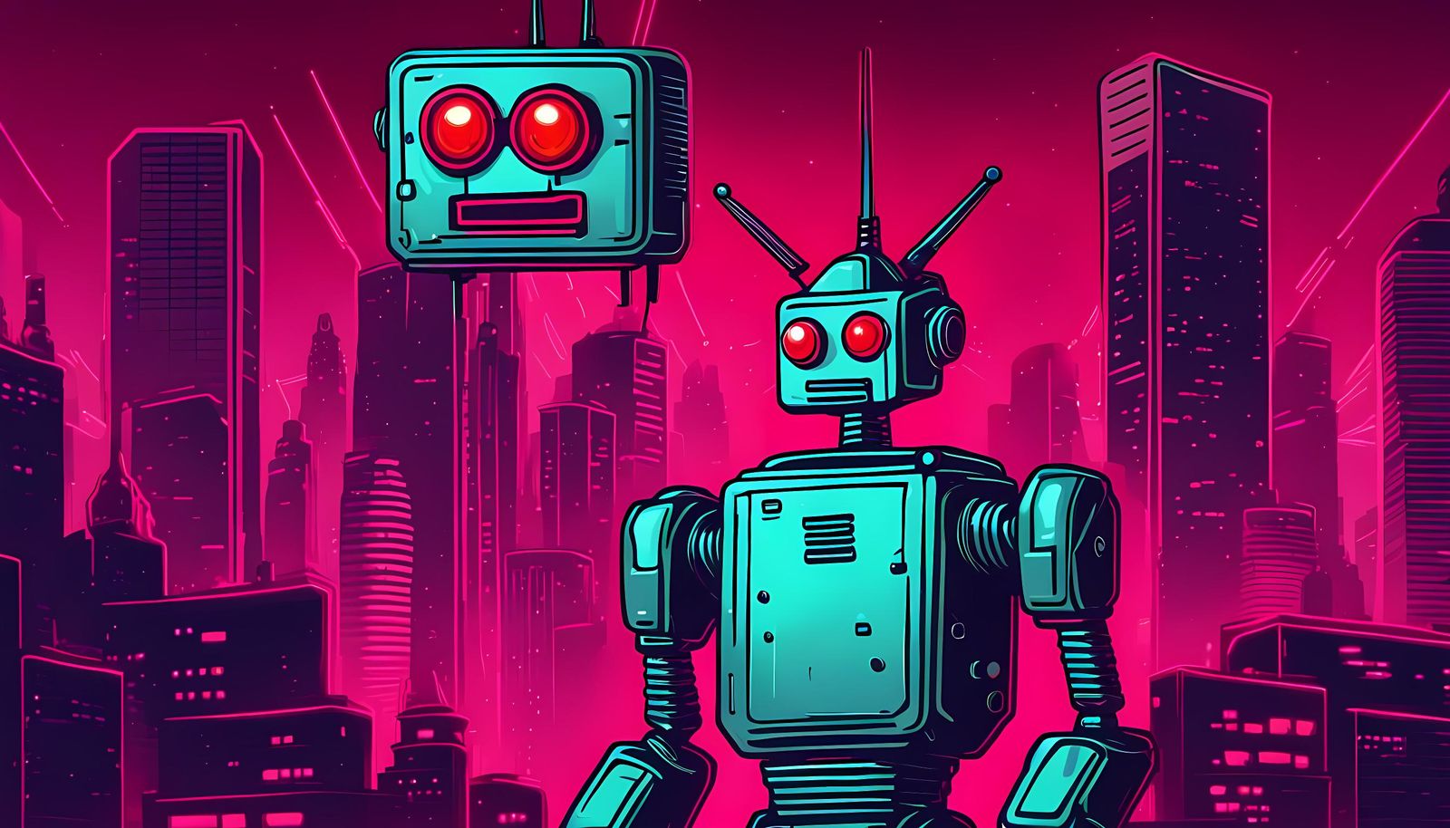 Retro Cartoon Robot Rampages in Neon Cityscape