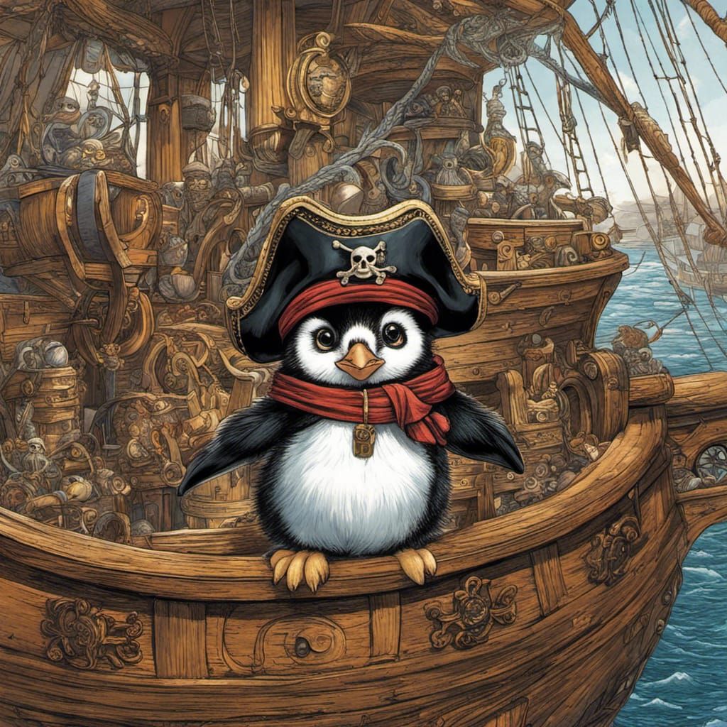 Penguin Chick Pirate Sailing the High Seas