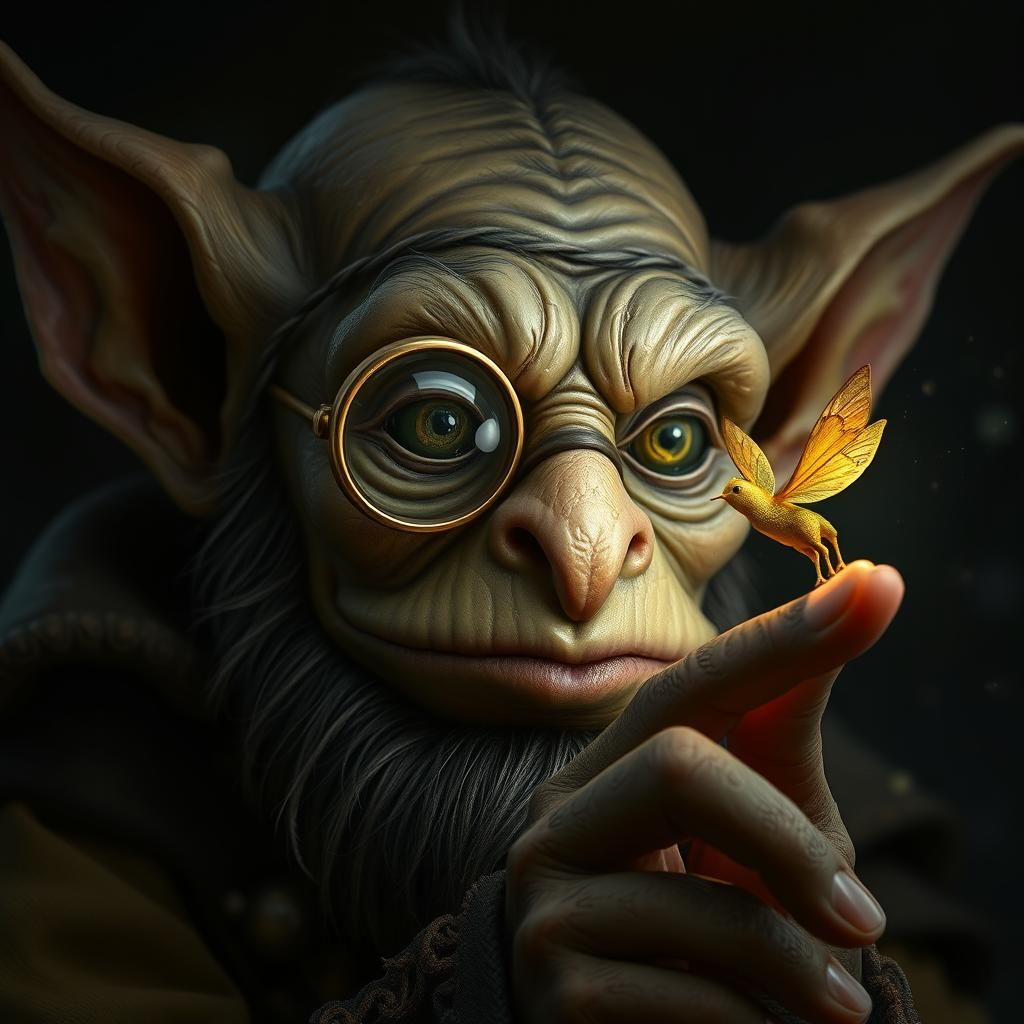 Goblin Scholar Observes Pixie: Digital Art Masterpiece
