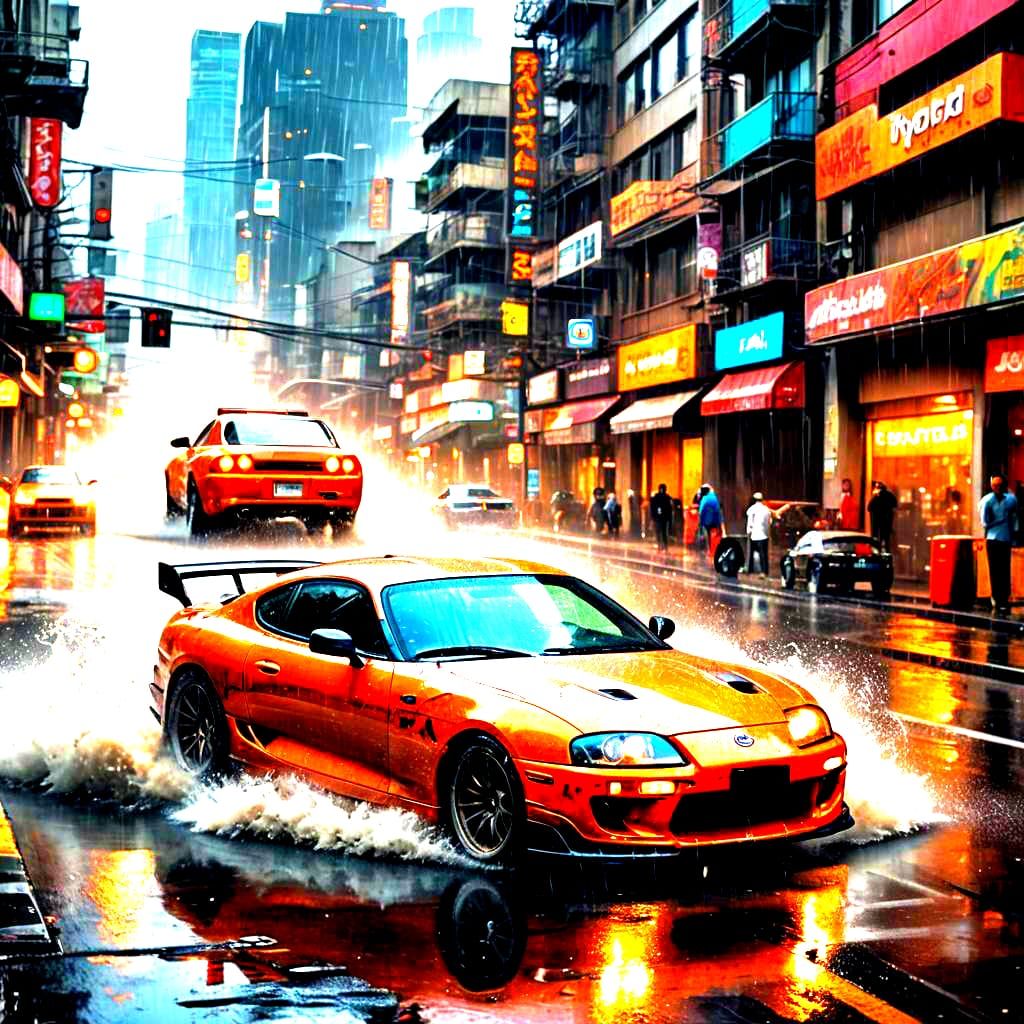 Toyota Supra Drifting on Rainy Day: Detailed Matte Painting