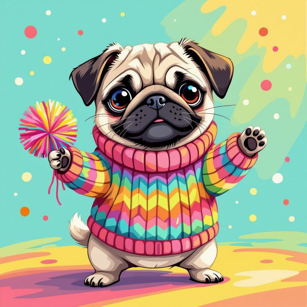 Playful Pug with Pom Pom in Whimsical Pastel Art