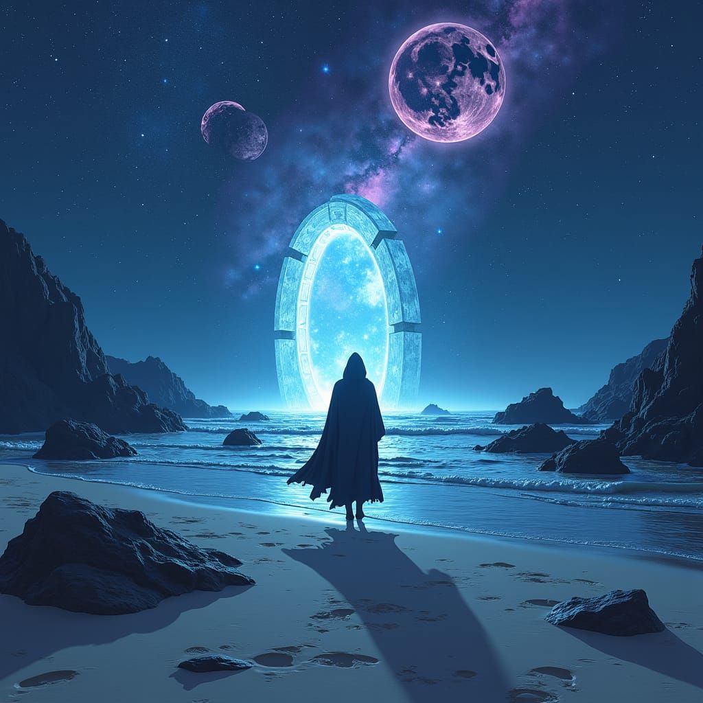 Glowing Portal on Deserted Beach: Digital Art