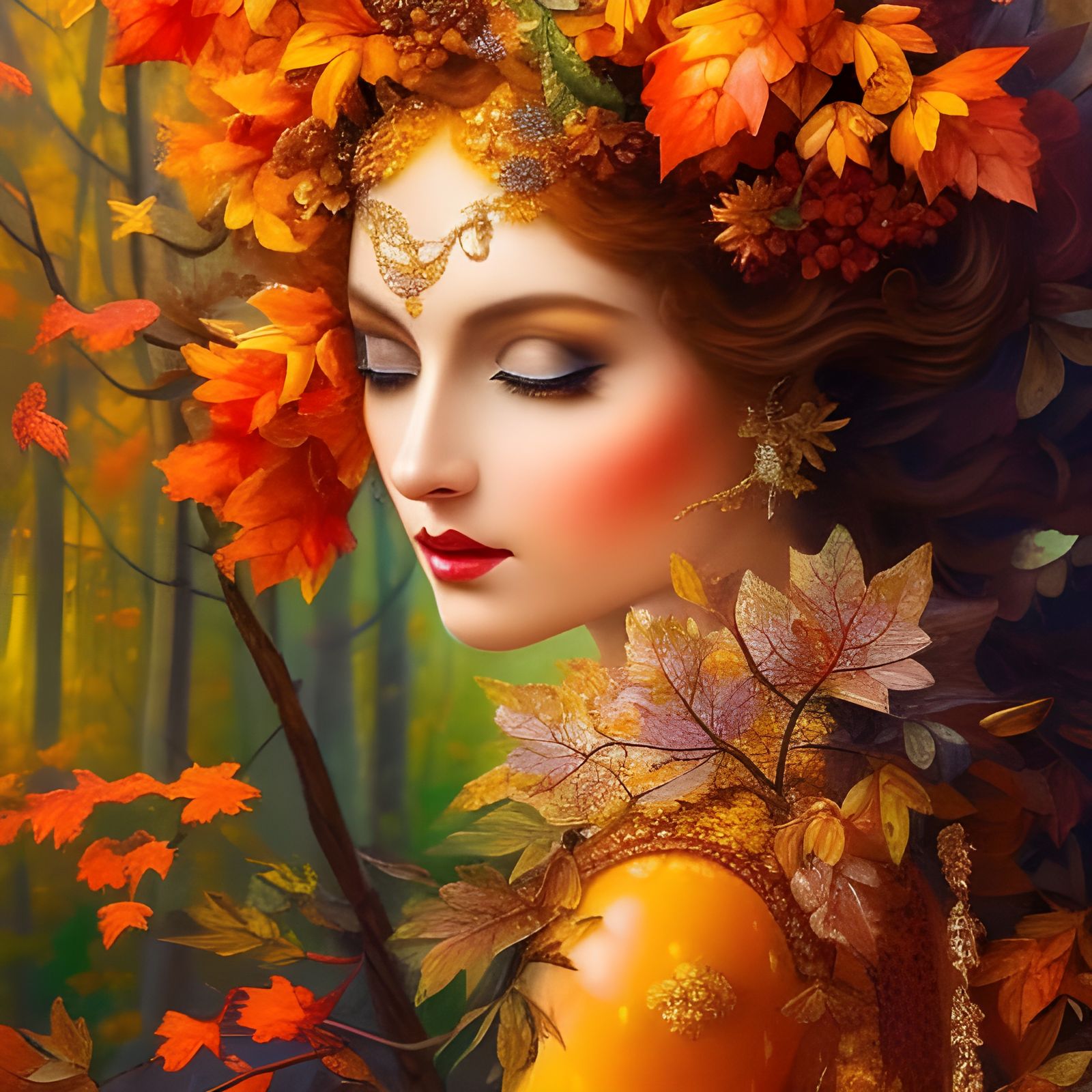 Autumn Goddess Rococo Portrait in Art Deco Style
