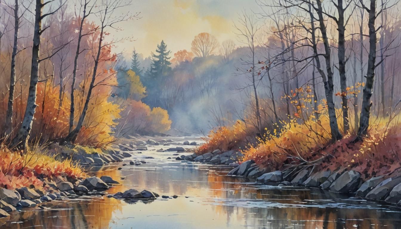 Autumn River Landscape at Sunrise in Gouache Style