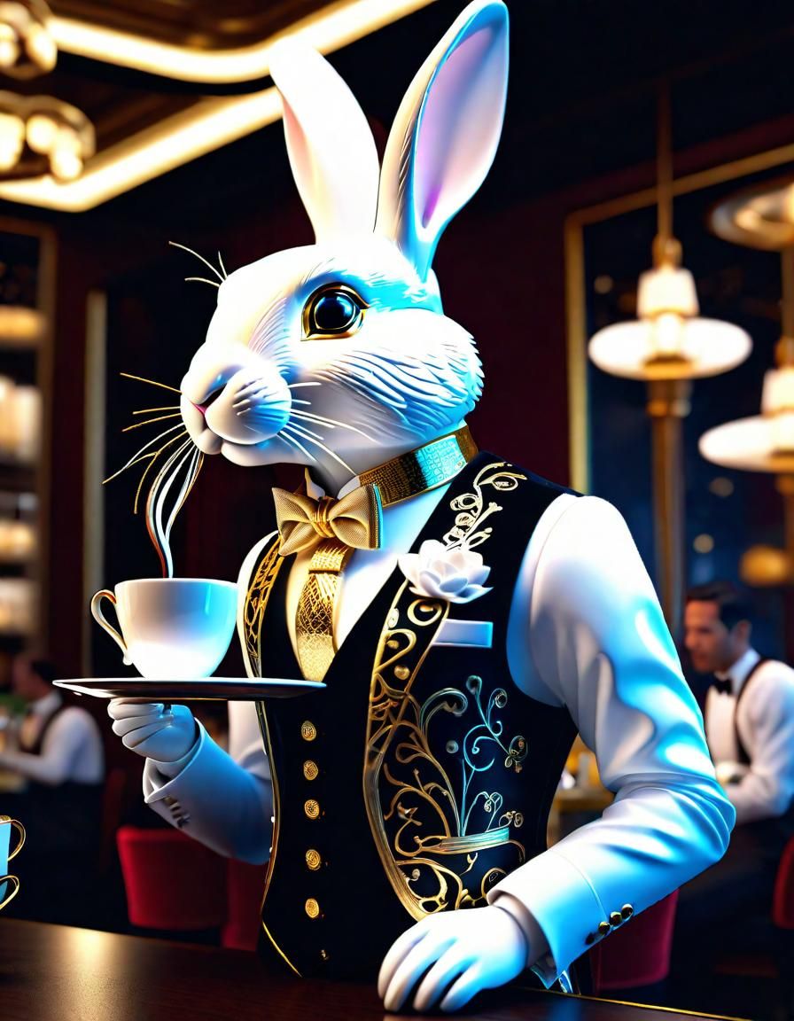Cyberpunk Robot Rabbit Waiter in Restaurant