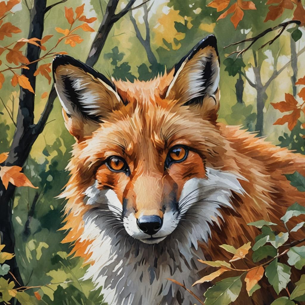 Vibrant Fox Portrait in Impressionist Gouache Style
