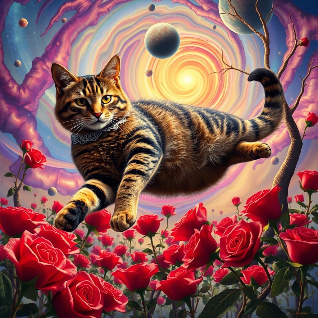 Majestic Brown Tabby Cat in a Surreal, Dali-Inspired Garden