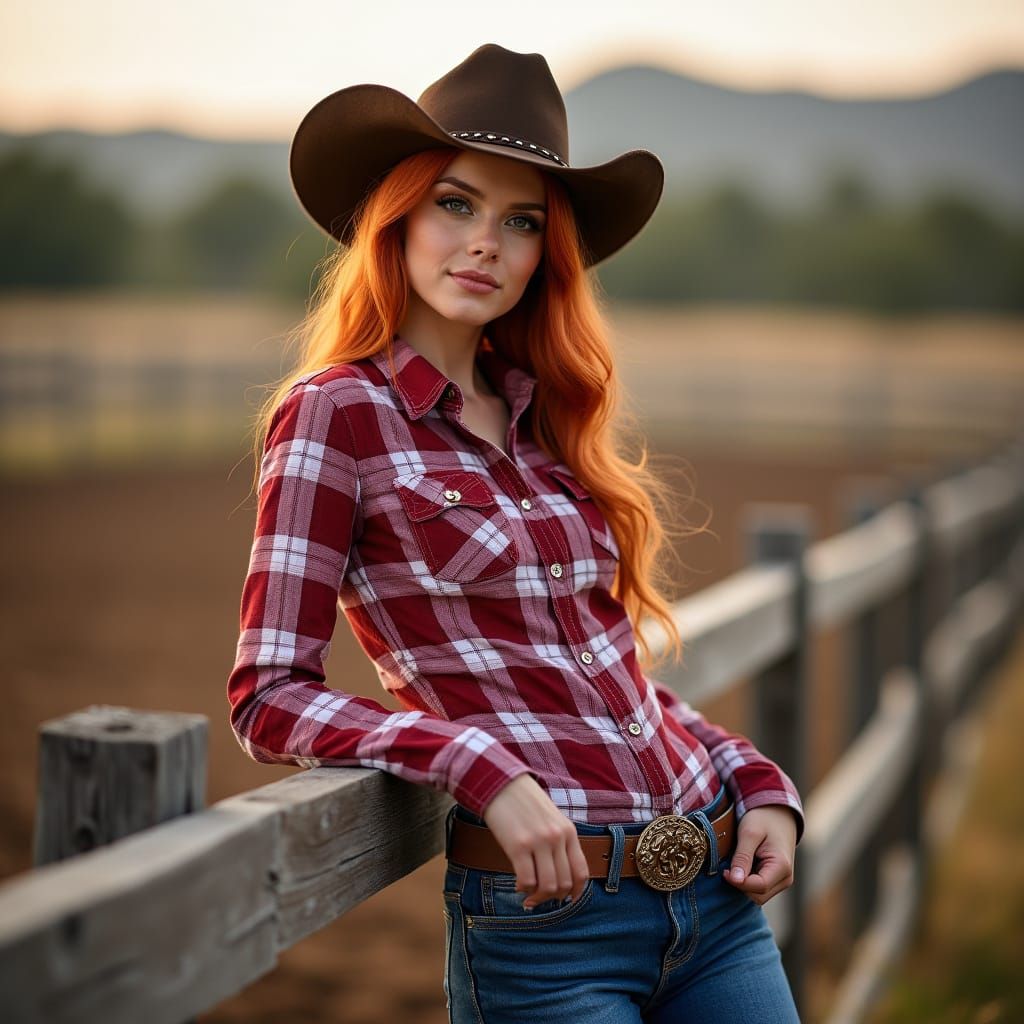 Glamorous Western Beauty Leans on Wooden Fence