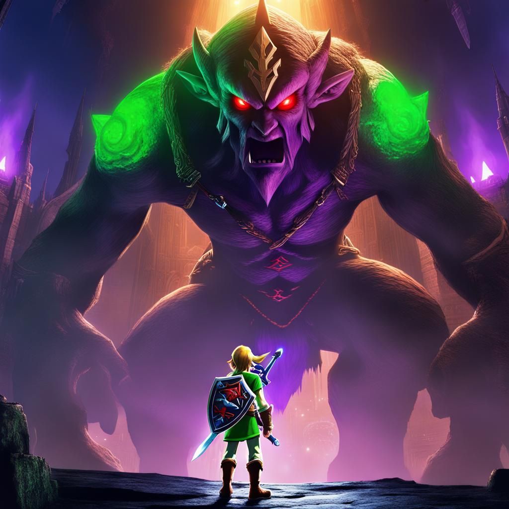 Link Confronts Giant Monster in Dark Landscape