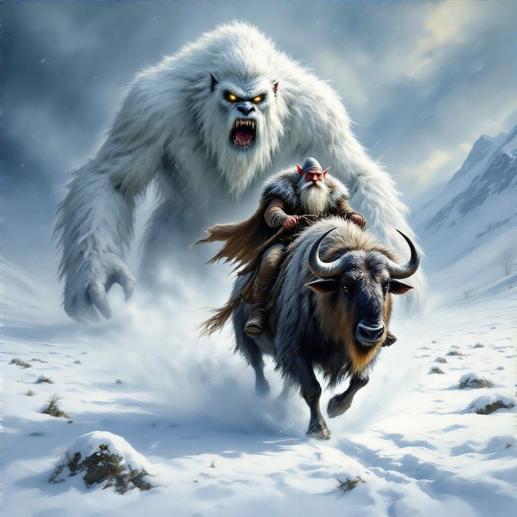 Elf Dwarf Charges Across Snowy Landscape on Wildebeest