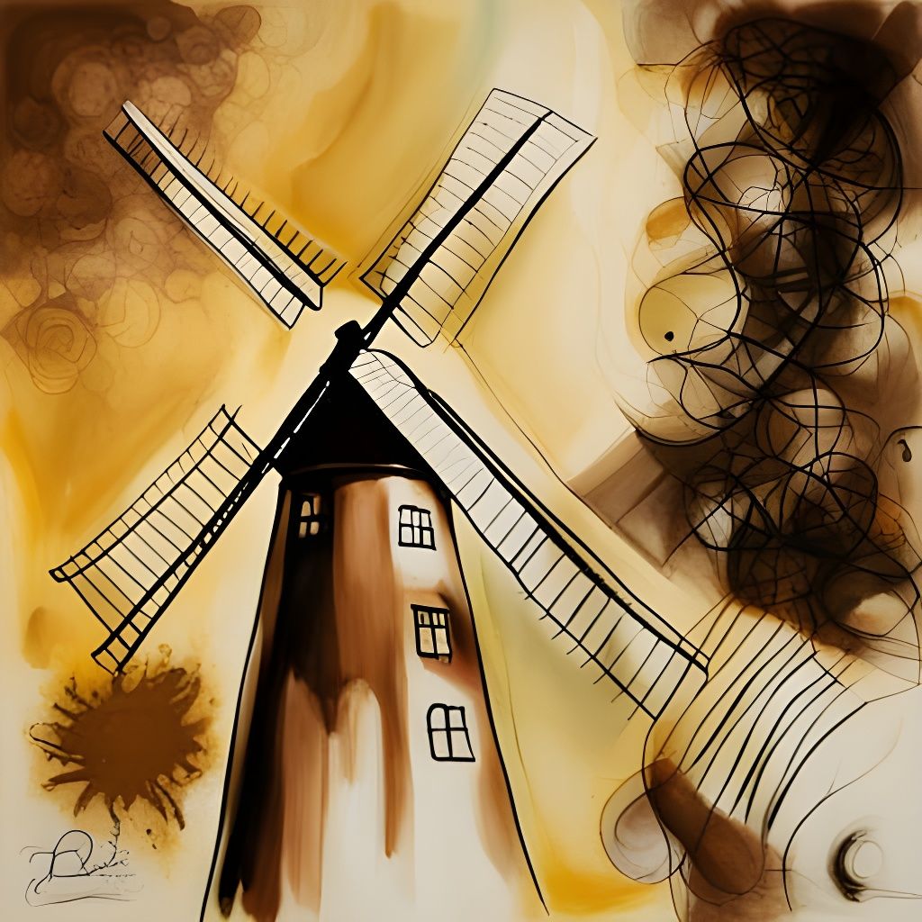 Windmill in Watercolor with Sepia and Golden Hues