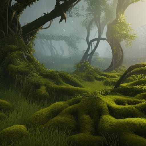 Lush Overgrown City in 3D Game Style