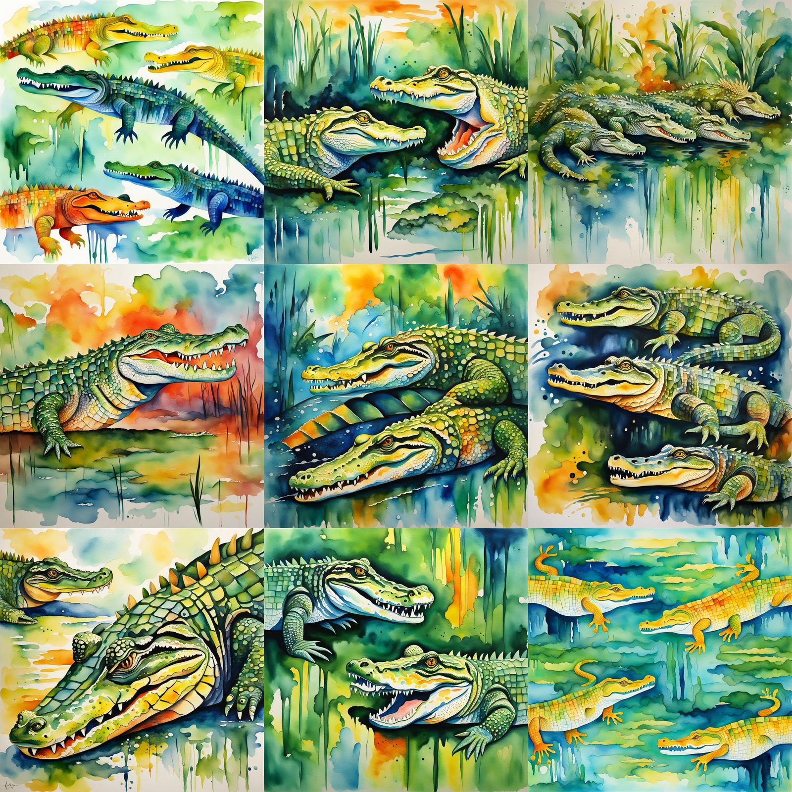 Watercolor Crocodiles in the Everglades: Abstract Art