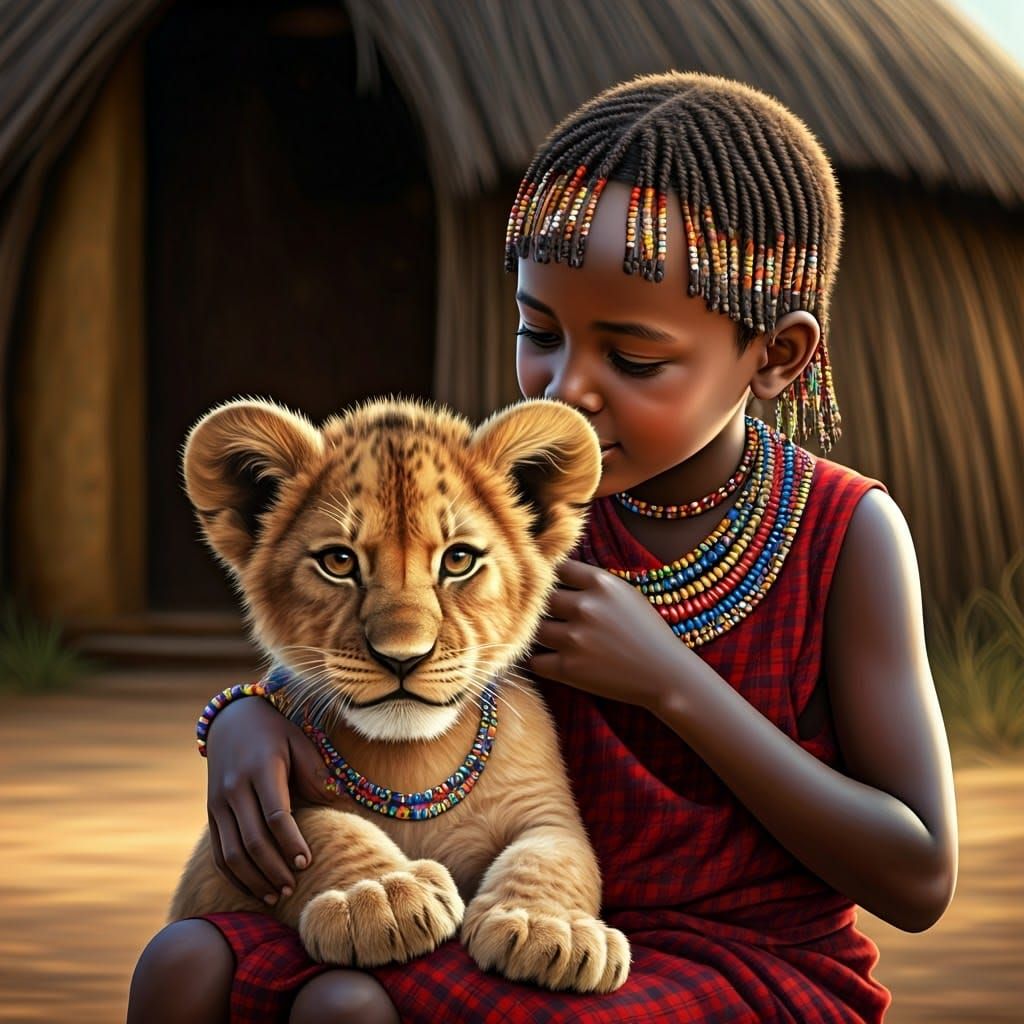 Maasai Boy with Lion Cub: Whimsical Oil Painting