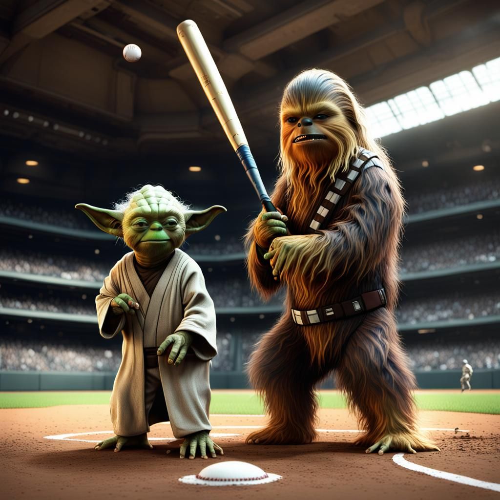 Yoda and Chewbacca Play Baseball: Star Wars Art