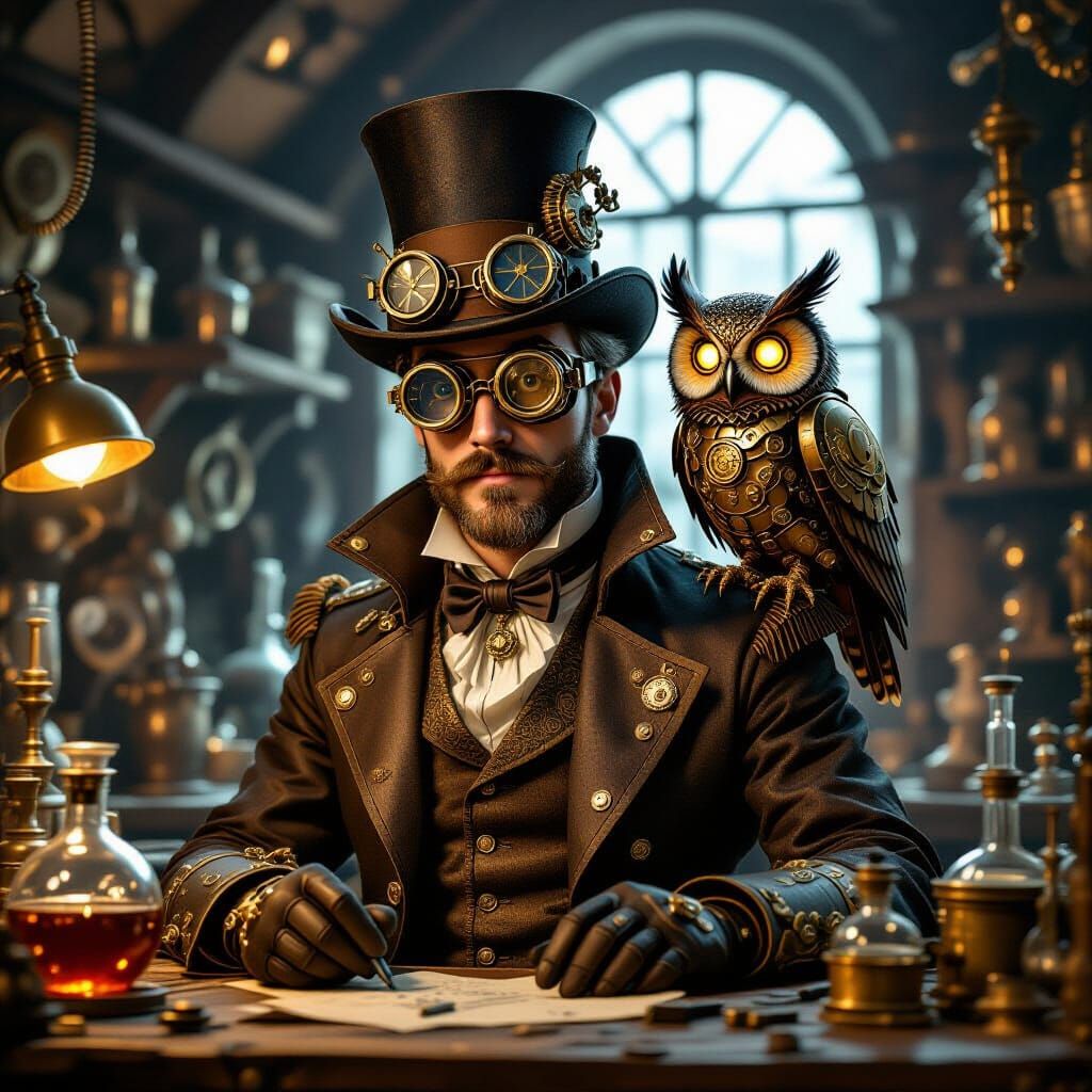 Steampunk Inventor and Mechanical Owl in Victorian Workshop