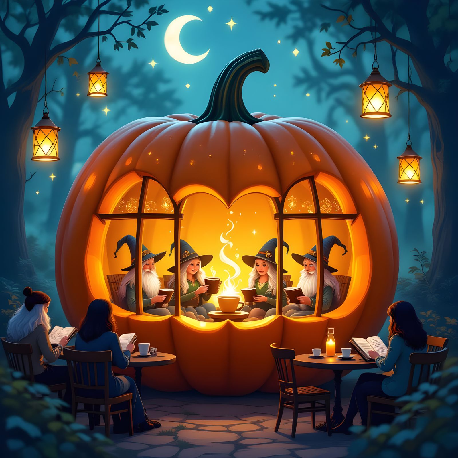 Enchanted Pumpkin Cafe Under Moonlit Sky